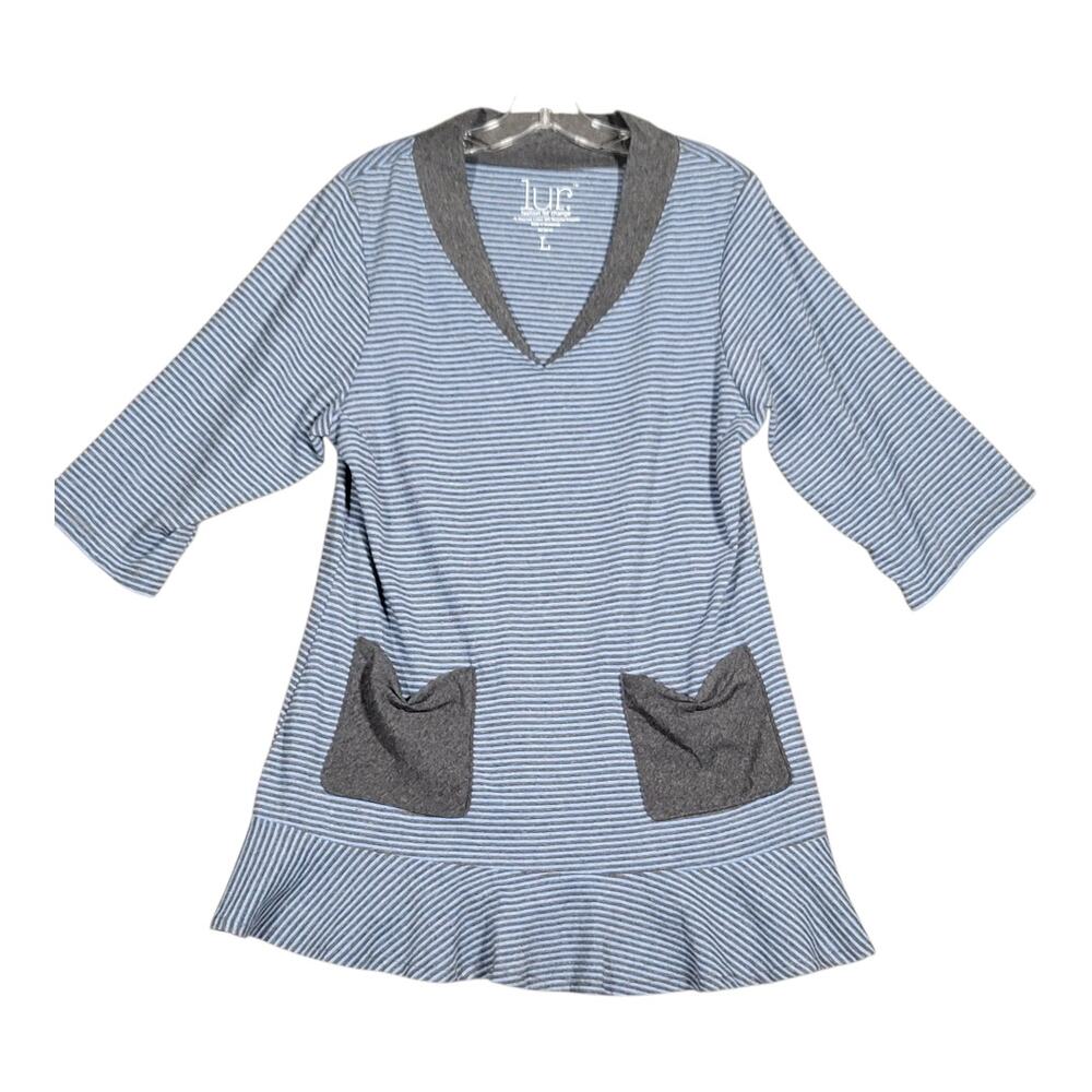 Lur Fashion For Change Gray Stripe V-Neck Tunic‎ Top Pockets Women's Size Large